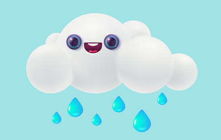Vector illustration of white cloud with water drops in 3D style. Vector weather icon with cloud and rain in realistic style.のイラスト素材