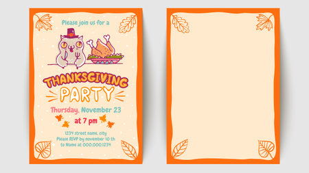 Vector invitation for Thanksgiving party with cute cat and turkey. Vector Thanksgiving two sided greeting card.のイラスト素材