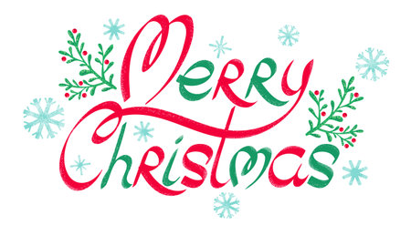 Vector banner for Christmas with hand drawing lettering and plants. Retro banner for Christmas with snowflakes and winter plants.のイラスト素材