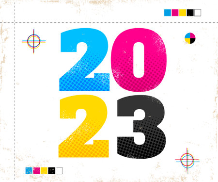 Vector vintage poster with 2023 in CMYK style. Retro poster for new year 2023のイラスト素材