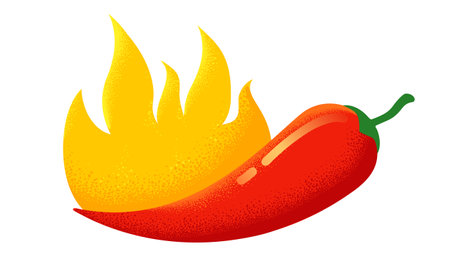 Vector chilli pepper in retro style. Vector vintage emblem with red chili pepper with flame. Logo of Chilli with fire in vintage style.のイラスト素材