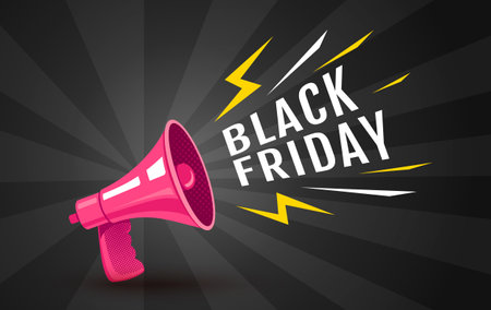 Vector vintage poster with retro pink megaphone on black background for black friday. Retro megaphone black abstract background for sale.のイラスト素材
