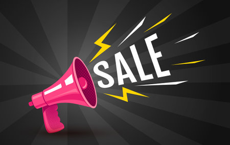 Vector vintage poster with retro pink megaphone on black background for black friday. Retro megaphone black abstract background for sale.のイラスト素材