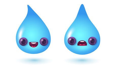 Vector illustration of kawaii water drops in 3D style. Vector set icons of kawaii rain drops in realistic style.のイラスト素材