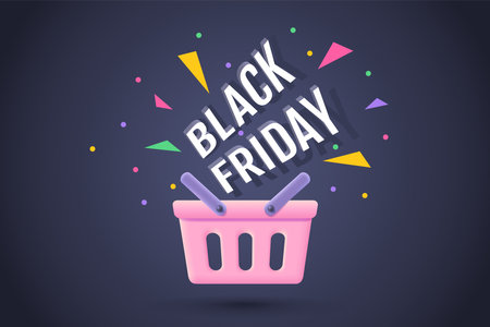 Vector pink shopping basket in realistic 3d style for sale. Vector illustration of pink shopping basket on dark background for black friday.のイラスト素材