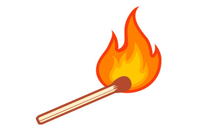 Vector retro illustration of a match with fire on white background. Vintage icon of match with flameのイラスト素材