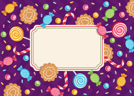 Vintage vector card with candies for parties or holidays. Vector template card with candies for Christmas or New yearのイラスト素材