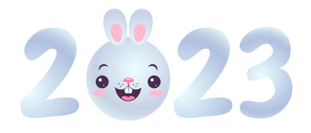 Vector emblem for new year of 2023 with head of a cute rabbit. Vintage print for t-shirt of kawaii rabbit for 2023 year.のイラスト素材