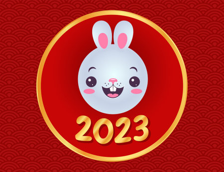 Vector emblem for new year of 2023 with head of a babbit. Vintage print of kawaii rabbit for 2023 year in asian style. Bunny emoji for Chinese new year.のイラスト素材