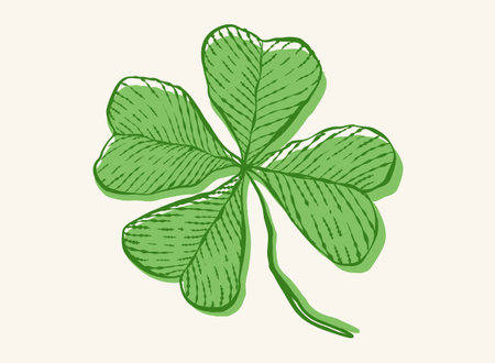 Vector vintage icon of clover for Patrick's day. Vintage green lucky clover with four leaf in hand drawing style.のイラスト素材