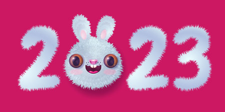 Vector emblem for new year of 2023 with head of a cute rabbit in realistic style. Vector icons of kawaii rabbit for 2023 year. Bunny emoji for Chinese new year.のイラスト素材