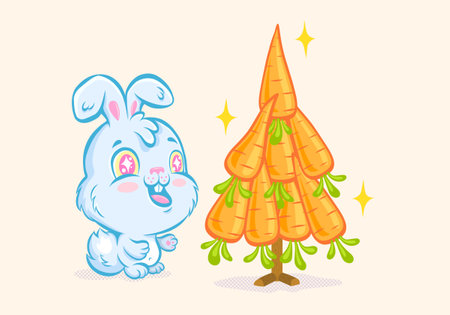 Vector illustration of a cute rabbit and carrots like Christmas tree for Chinese new year of 2023. Vector kawaii rabbit for 2023 year. Baby bunny emoji for Chinese new year.のイラスト素材