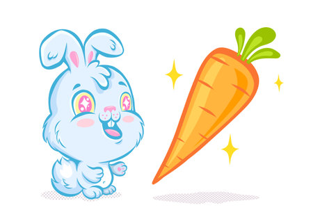 Vector illustration of a cute rabbit and carrot for Chinese new year of 2023. Vector kawaii rabbit for 2023 year. Baby bunny emoji for Chinese new year.のイラスト素材