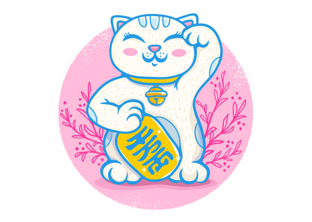 Vector retro poster with lucky cat. Neko on pink background with plants. Vector kawaii lucky catのイラスト素材