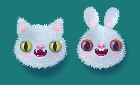 Vector illustration of a cute cat and a rabbit for new year in realistic style. Vector icons of kawaii rabbit and cat heads for 2023 year. Bunny and kitty emoji for Chinese new year.のイラスト素材