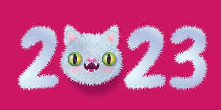 Vector emblem for new year of 2023 with head of a cute cat in realistic style. Vector icon of kawaii cat for 2023 year. Kitty emoji for Chinese new year.のイラスト素材