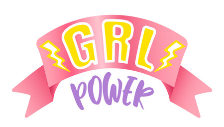 Vector vintage logo with pink ribbon. Retro emblem for women sport. Poster of Girl power with pink ribbonのイラスト素材