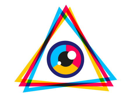 Vector vintage pyramid with eye in 90's style. Vintage vector poster with pyramid and eye. Rainbow pyramid in CMYK style.のイラスト素材