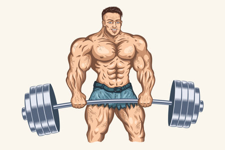 Vector illustration of a bodybuilder with barbell. Vintage cartoon of a bodybuilder or powerlifter. strongman. fitness and bodybuilding.のイラスト素材