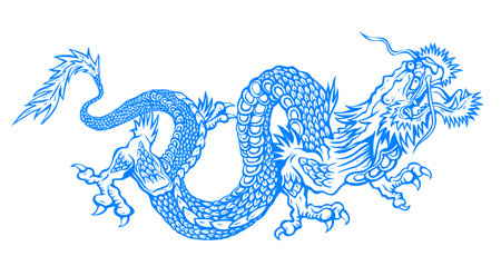 Vector illustration of a Chinese blue dragon. Tattoo of blue Asian dragon.のイラスト素材
