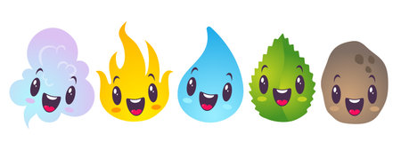 Vector illustration of nature elements in kawaii style. Vector set icons of five elements in chibi style. Water, fire, air, ground and plant.のイラスト素材