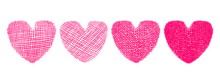 Vector set icons of heart in hand drawing style. Vector illustration of red hearts in grunge style for Valentines day.のイラスト素材