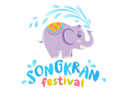 Vector logo for Songkran festival in Thailand with elephant on isolated background in kawaii style. Emblem for Songkran water festival.のイラスト素材