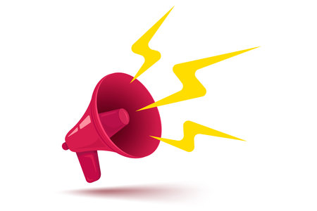 Vector icon of vintage megaphone for fake, breaking news or sale. Vector retro red megaphone with lightning.のイラスト素材