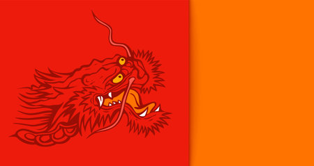 Vector illustration of a head of Chinese dragon on red background. Vector Asian background with dragon head.のイラスト素材