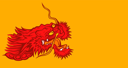 Vector illustration of a head of Chinese dragon on yellow background. Vector Asian background with dragon head.のイラスト素材