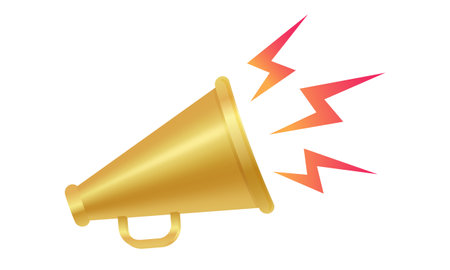 Vector icon of vintage golden megaphone for fake, breaking news or sale. Vector retro gold megaphone with lightning on white background.のイラスト素材