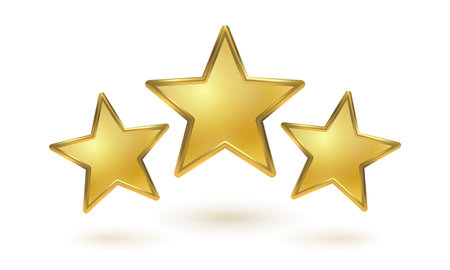 Vector icons of three golden stars on white background. Achievements for games or customer rating feedback of website. Vector illustration of metallic stars in realistic 3d style.のイラスト素材