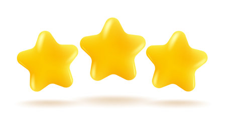 Vector icons of three yellow stars on white background. Achievements for games or customer rating feedback of website. Vector illustration of stars in realistic 3d style.のイラスト素材