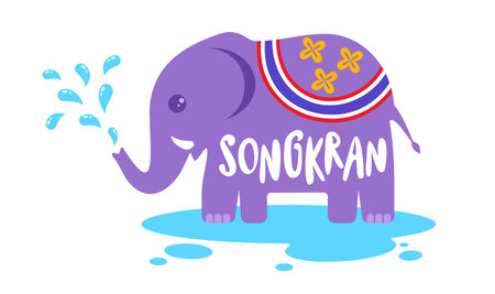 Vector logo for Songkran festival in Thailand with elephant on isolated background in kawaii style. Emblem for Songkran water festival.のイラスト素材