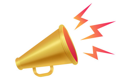 Vector icon of vintage golden megaphone for fake, breaking news or sale. Vector retro gold megaphone with lightning on white background.のイラスト素材