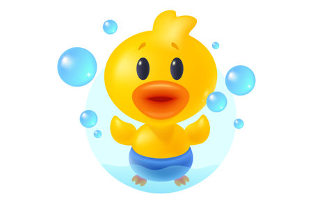 Vector illustration of cute duck with bubbles in bathroom in realistic style. Vector icon of kawaii duck with bubbles.のイラスト素材