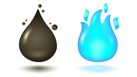 Vector illustration of oil drop and fire of gas in 3D style. Vector icon of oil drop and blue fire in realistic style.のイラスト素材