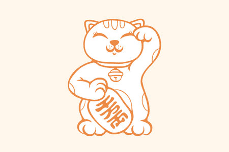 Vector retro poster with lucky cat. Neko on beige backround. Vector kawaii lucky cat in Asian style.のイラスト素材