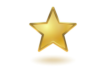 Vector icon of golden star on white background. Achievements for games or customer rating feedback of website. Vector illustration of metallic stars in realistic 3d style.のイラスト素材