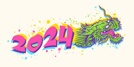 Vector illustration of a head of Chinese dragon for new year 2024. Vector Asian green dragon in glitch style.のイラスト素材
