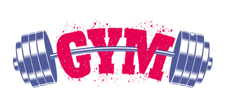Vector vintage emblem for gym with barbell. Vector illustration of sport logo. Emblem of steel barbell for bodybuilding and fitness.のイラスト素材
