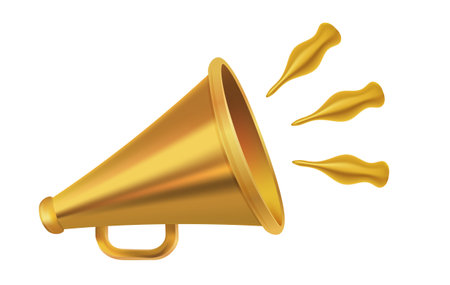 Vector icon of vintage golden megaphone for fake, breaking news or sale. Vector retro gold megaphone on isolated background.のイラスト素材