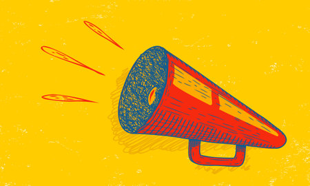 Vector icon of vintage megaphone for fake, breaking news or sale. Vector retro megaphone in doodle style on yellow background.のイラスト素材