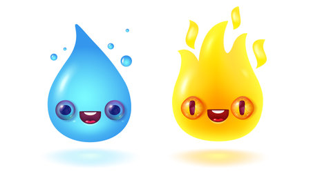 Vector illustration of water drop and fire flame in 3D style with kawaii face. Vector icon of rain drop and fire in realistic style. Kawaii nature emoji for game.のイラスト素材