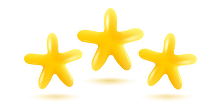 Vector icon of yellow stars in realistic 3D style. Achievements for games or customer rating feedback of website. Vector illustration of stars in kawaii style.のイラスト素材