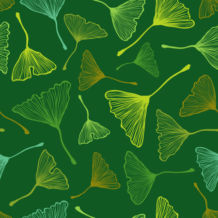 Vector vintage seamless pattern with ginkgo biloba leaf. Vector retro floral pattern with green ginkgo biloba leavesのイラスト素材