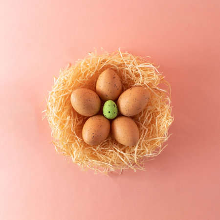 Easter layout made with Easter eggs and nest. Minimal nature background. Spring holidays concept. Creative copy space. Flat lay.の写真素材