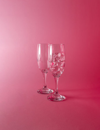 Champagne glasses with transparent balls. Abstract minimal light pink composition.の写真素材