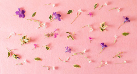 Creative pattern made of colorful flowers on pastel pink background. Minimal style. Flat lay.