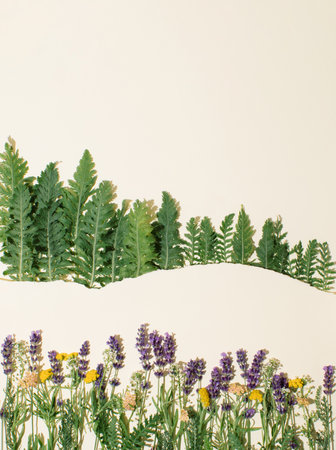 Summer forest landscape and meadow made of green leaves and colorful on bright background. Minimal nature concept. Flat lay.の写真素材